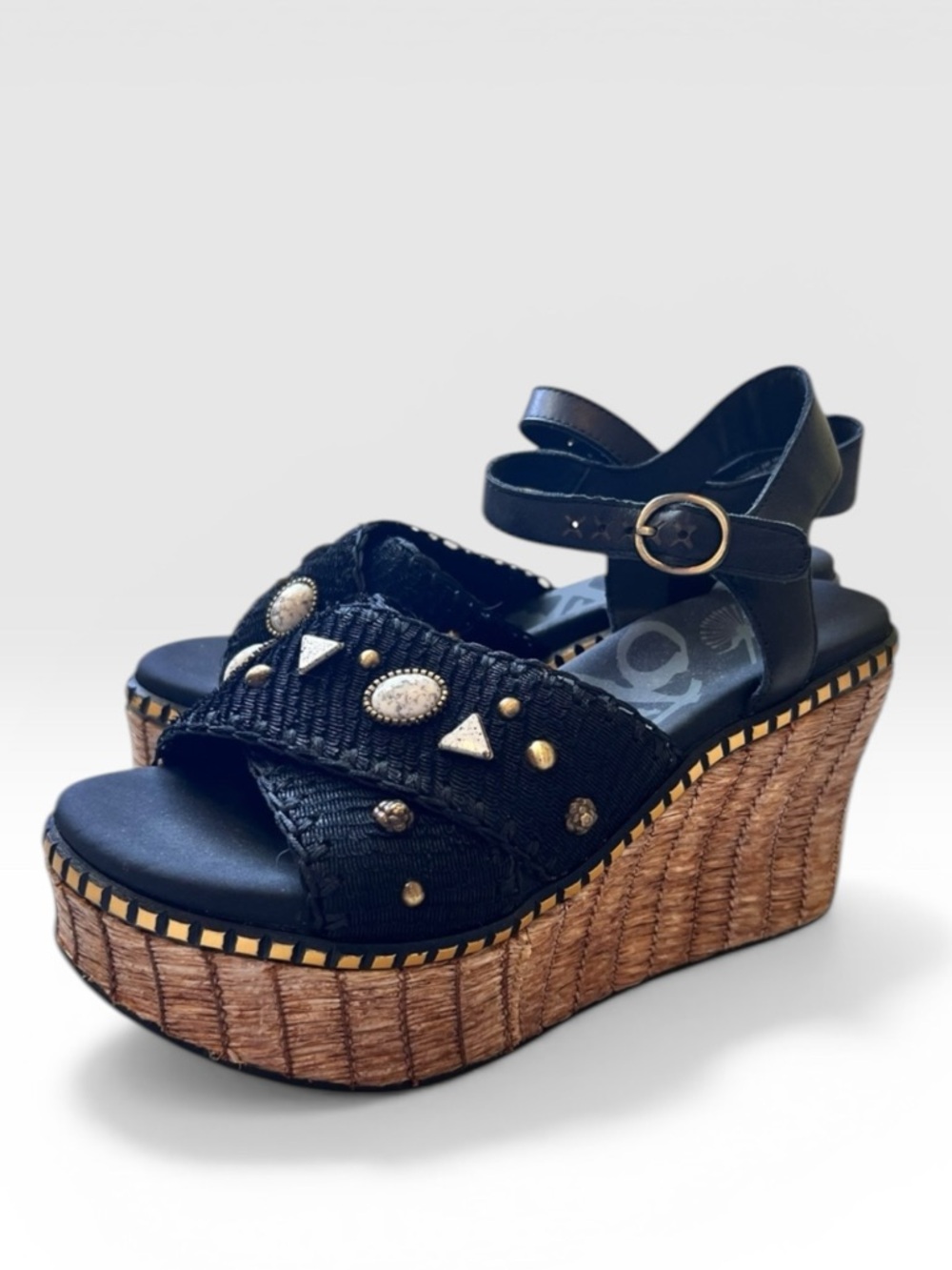OTBT Cahoot Platform Wedge Sandal Black Beaded Raffia Slingback
